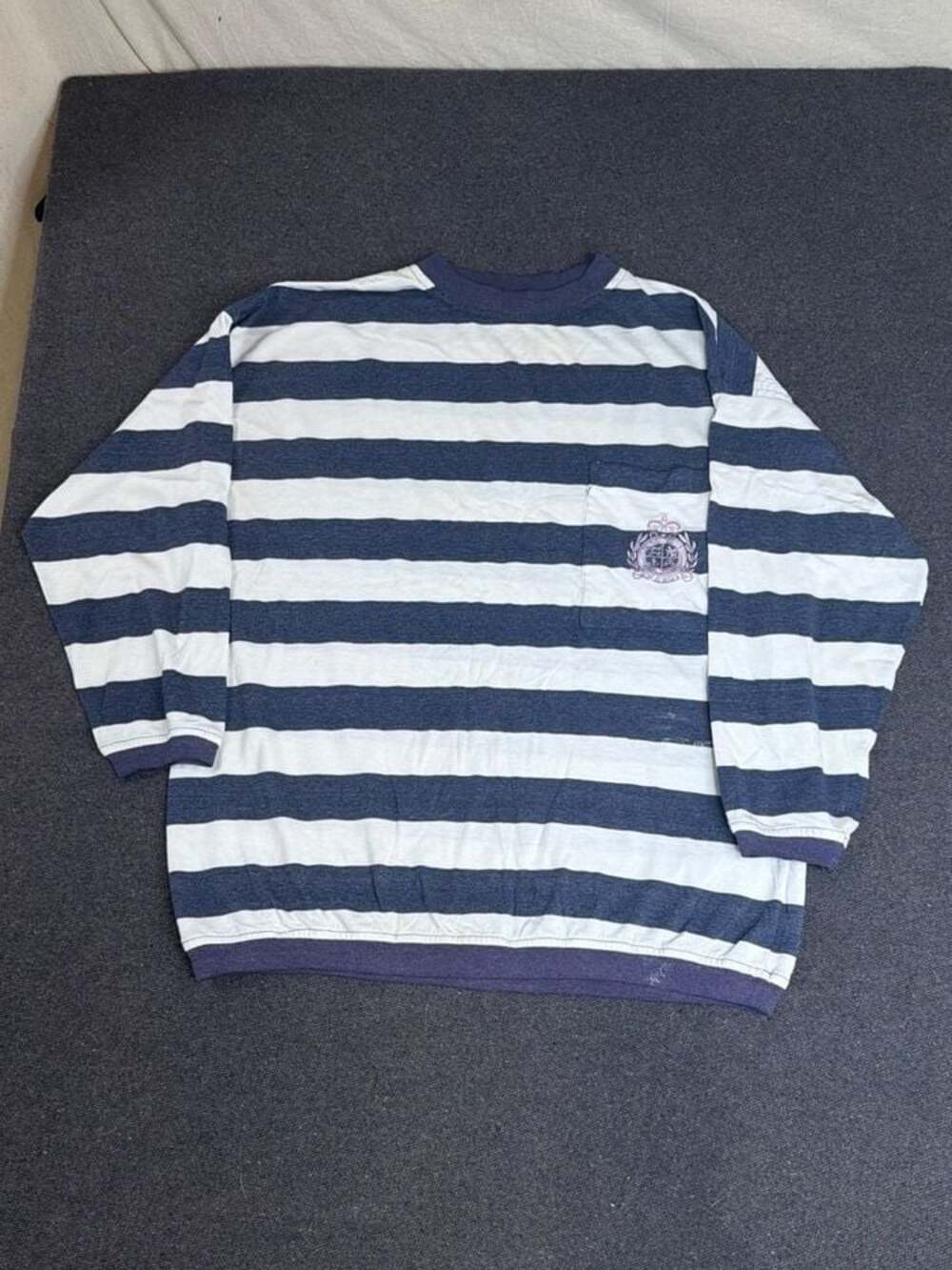 Vintage Energie Blue and White Striped Long Sleeve Pocket T-Shirt with Embroider